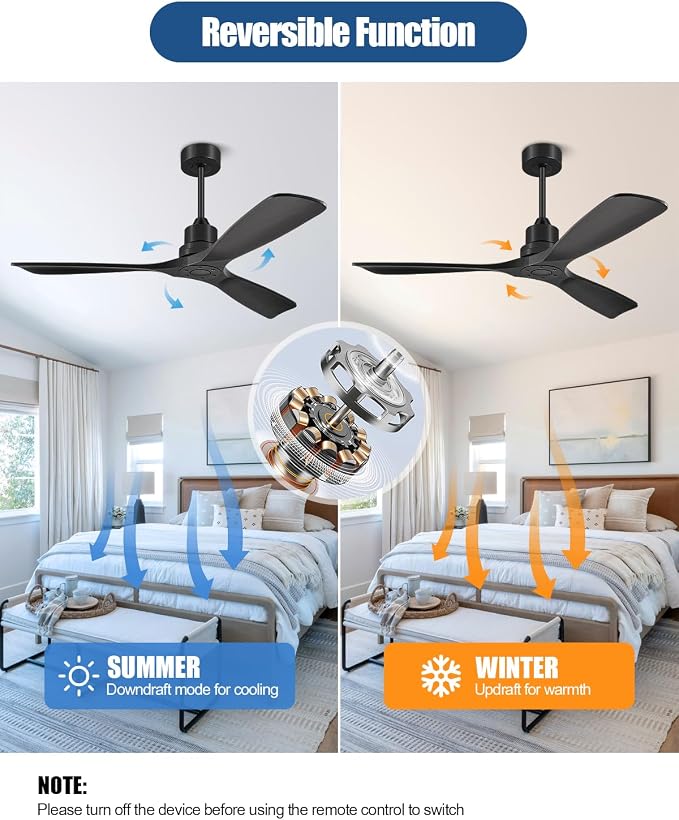 60 Inch Ceiling Fans Without Lights, 60" Outdoor Ceiling Fan No Light, 3 Wood Blades, 3 Downrods, Timer, 6 Speeds Modern