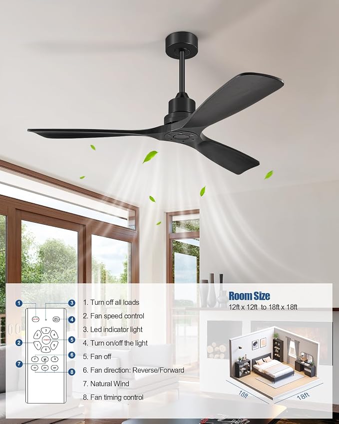 60 Inch Ceiling Fans Without Lights, 60" Outdoor Ceiling Fan No Light, 3 Wood Blades, 3 Downrods, Timer, 6 Speeds Modern