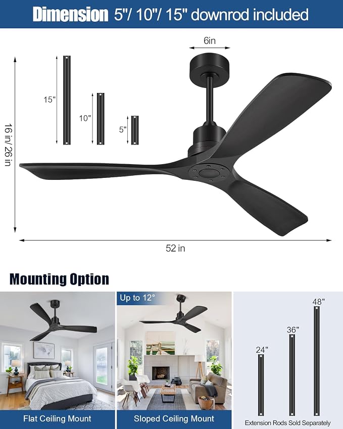 60 Inch Ceiling Fans Without Lights, 60" Outdoor Ceiling Fan No Light, 3 Wood Blades, 3 Downrods, Timer, 6 Speeds Modern