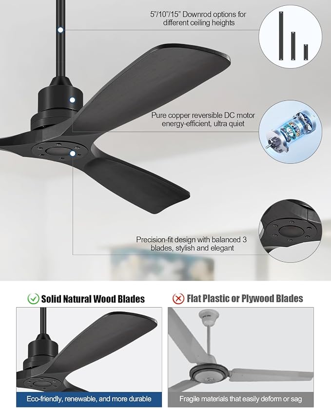 60 Inch Ceiling Fans Without Lights, 60" Outdoor Ceiling Fan No Light, 3 Wood Blades, 3 Downrods, Timer, 6 Speeds Modern