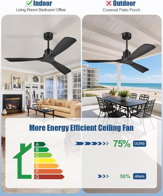 60 Inch Ceiling Fans Without Lights, 60" Outdoor Ceiling Fan No Light, 3 Wood Blades, 3 Downrods, Timer, 6 Speeds Modern