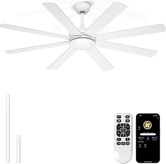 60 Inch Ceiling Fans Without Lights - 8 Blades White Ceiling Fan Remote/APP Control, Reversible Garage Ceiling Fan for Shop