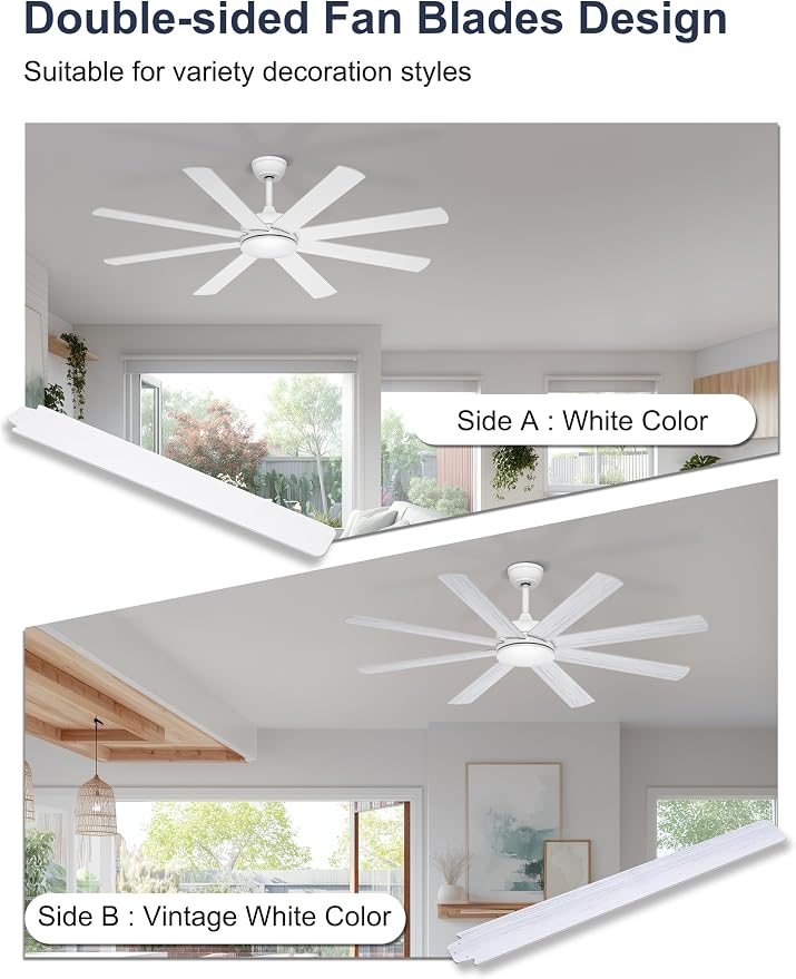 60 Inch Ceiling Fans Without Lights - 8 Blades White Ceiling Fan Remote/APP Control, Reversible Garage Ceiling Fan for Shop