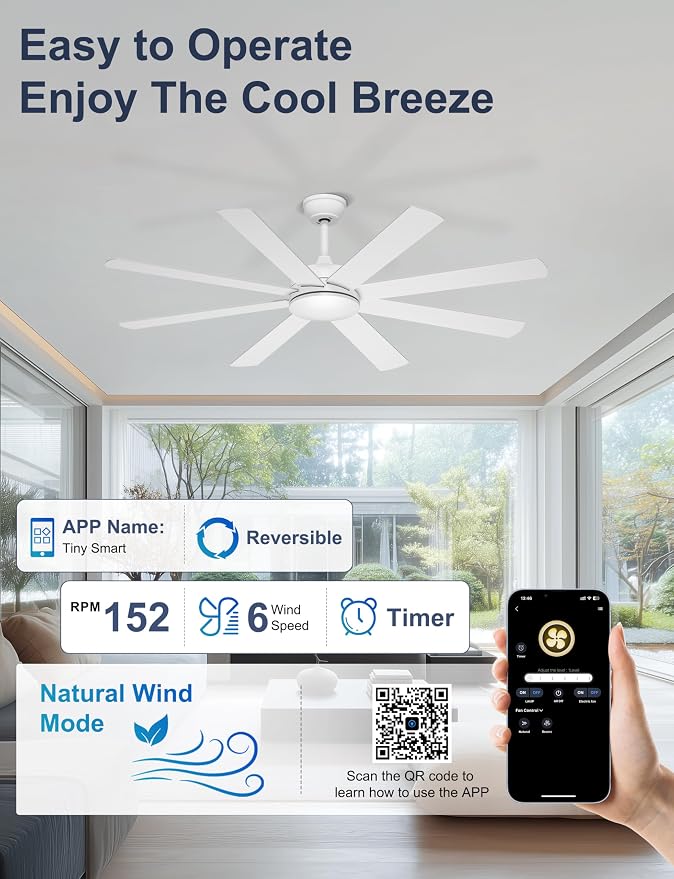 60 Inch Ceiling Fans Without Lights - 8 Blades White Ceiling Fan Remote/APP Control, Reversible Garage Ceiling Fan for Shop