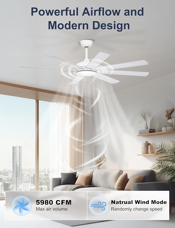 60 Inch Ceiling Fans Without Lights - 8 Blades White Ceiling Fan Remote/APP Control, Reversible Garage Ceiling Fan for Shop