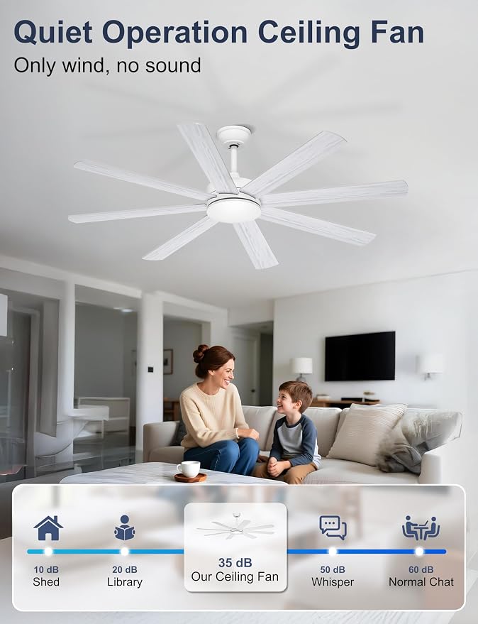 60 Inch Ceiling Fans Without Lights - 8 Blades White Ceiling Fan Remote/APP Control, Reversible Garage Ceiling Fan for Shop