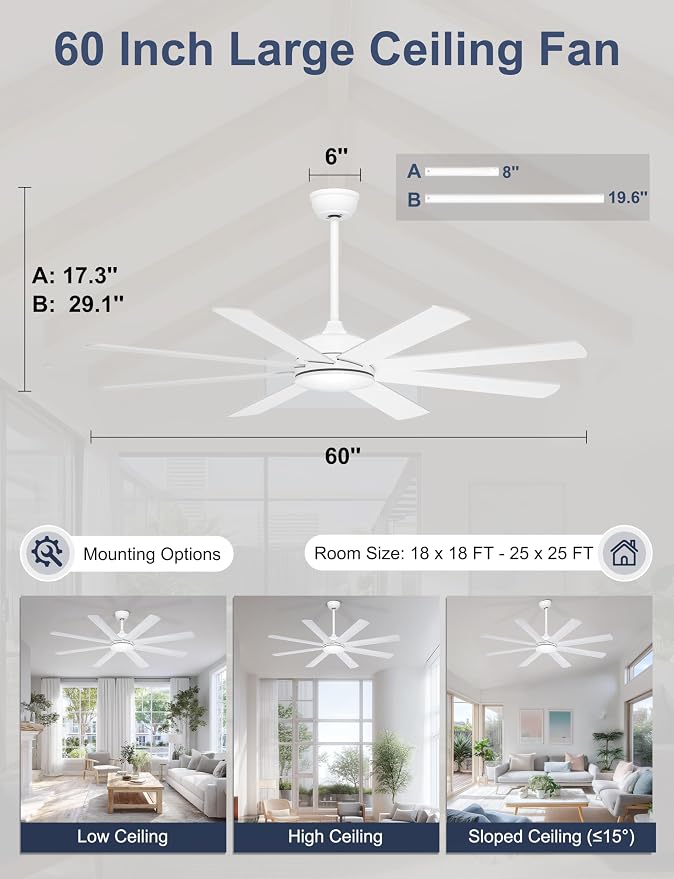60 Inch Ceiling Fans Without Lights - 8 Blades White Ceiling Fan Remote/APP Control, Reversible Garage Ceiling Fan for Shop
