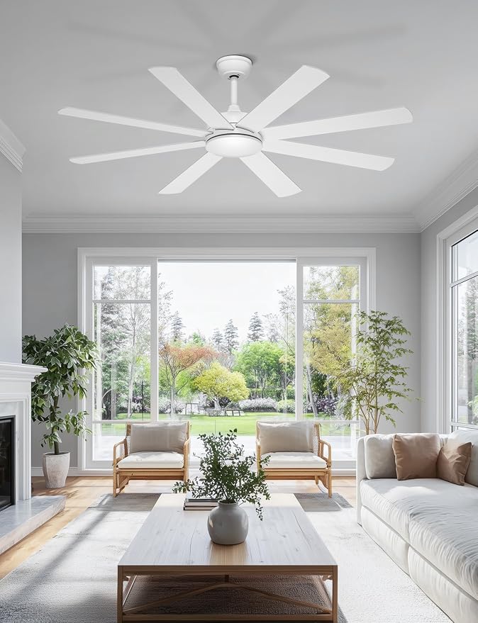60 Inch Ceiling Fans Without Lights - 8 Blades White Ceiling Fan Remote/APP Control, Reversible Garage Ceiling Fan for Shop