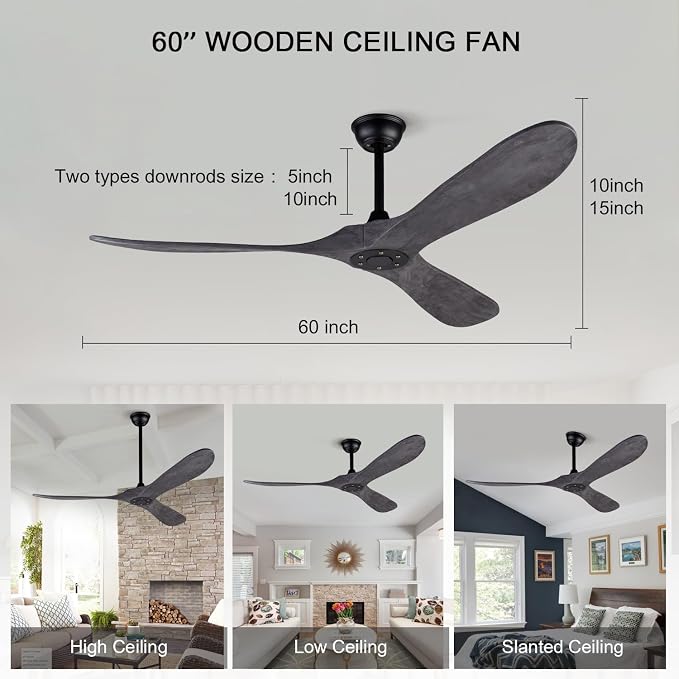 60 Inch Ceiling Fans without Lights and Remote Control, Reversibl DC Motor, 3 Solid Wood Blades Ceiling Fan no Light for