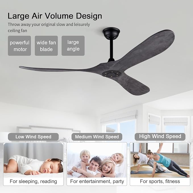 60 Inch Ceiling Fans without Lights and Remote Control, Reversibl DC Motor, 3 Solid Wood Blades Ceiling Fan no Light for