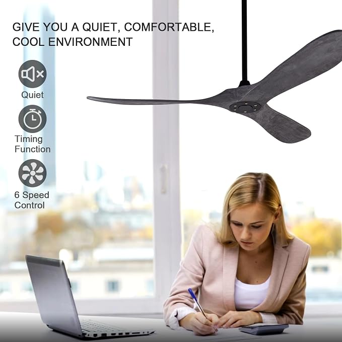 60 Inch Ceiling Fans without Lights and Remote Control, Reversibl DC Motor, 3 Solid Wood Blades Ceiling Fan no Light for