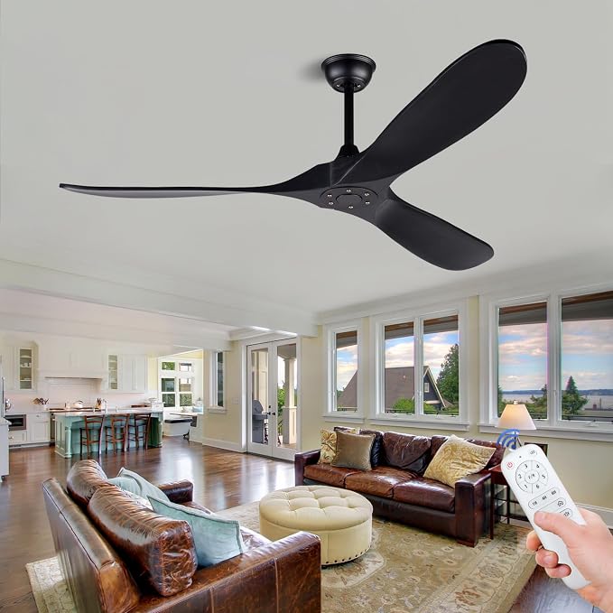 60 Inch Ceiling Fans without Lights, Black Ceiling Fans no Lights with Remote Control, 3 Solid Wood Blades, Indoor Outdoor