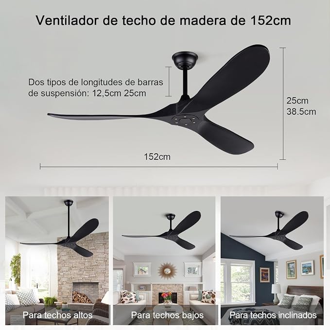 60 Inch Ceiling Fans without Lights, Black Ceiling Fans no Lights with Remote Control, 3 Solid Wood Blades, Indoor Outdoor