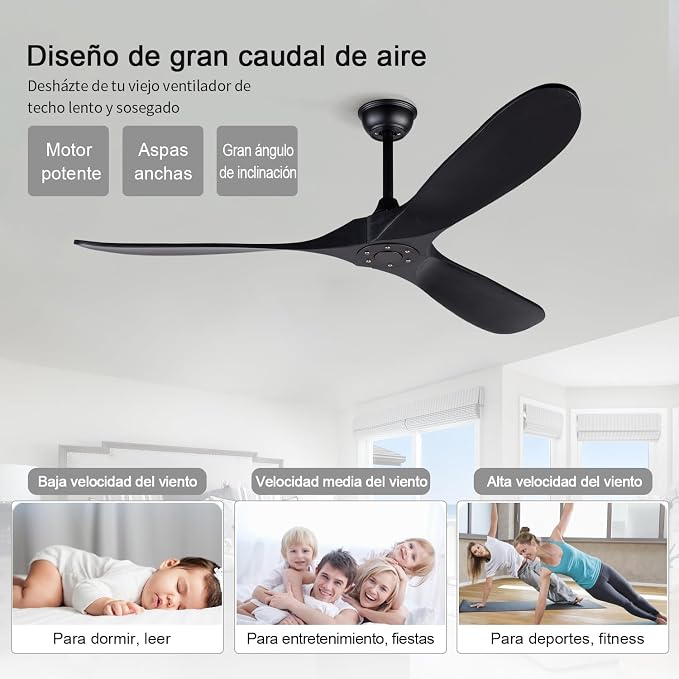 60 Inch Ceiling Fans without Lights, Black Ceiling Fans no Lights with Remote Control, 3 Solid Wood Blades, Indoor Outdoor