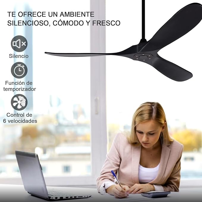 60 Inch Ceiling Fans without Lights, Black Ceiling Fans no Lights with Remote Control, 3 Solid Wood Blades, Indoor Outdoor