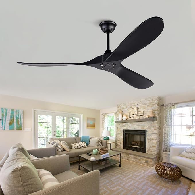 60 Inch Ceiling Fans without Lights, Black Ceiling Fans no Lights with Remote Control, 3 Solid Wood Blades, Indoor Outdoor