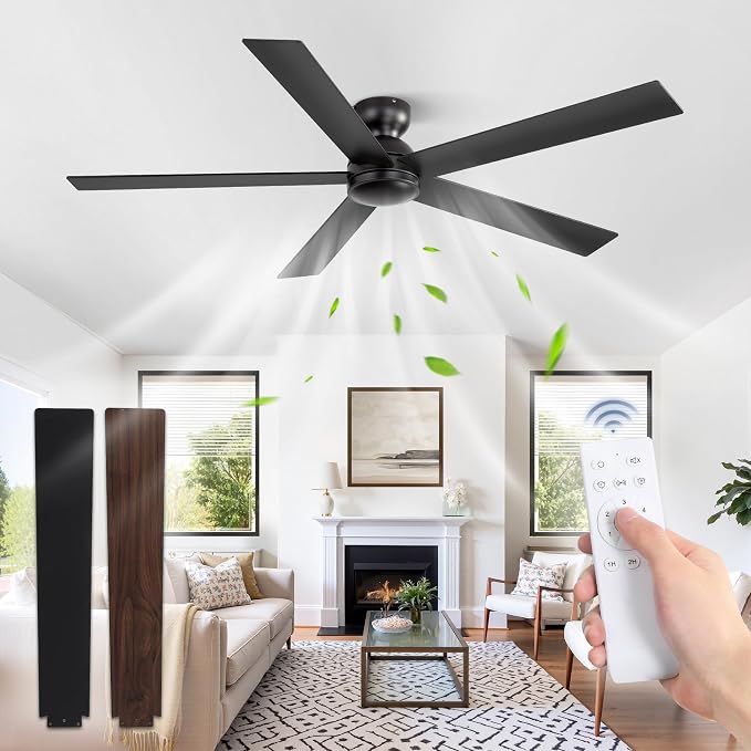 60 Inch Flush Mount Ceiling Fan no Lights, Black Ceiling Fan, 6-Speeds, Quiet Reversible DC Motor, Indoor/Outdoor Large