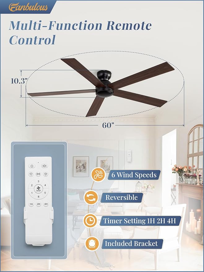 60 Inch Flush Mount Ceiling Fan no Lights, Black Ceiling Fan, 6-Speeds, Quiet Reversible DC Motor, Indoor/Outdoor Large