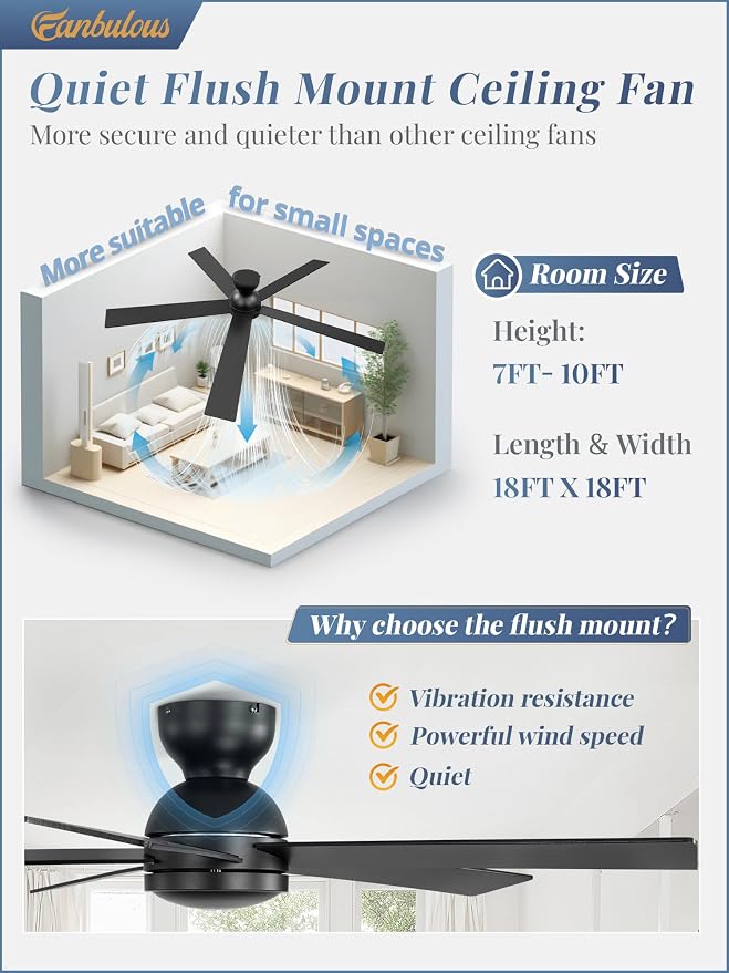 60 Inch Flush Mount Ceiling Fan no Lights, Black Ceiling Fan, 6-Speeds, Quiet Reversible DC Motor, Indoor/Outdoor Large