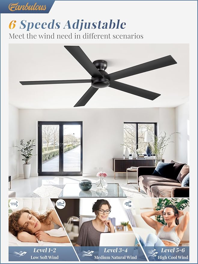 60 Inch Flush Mount Ceiling Fan no Lights, Black Ceiling Fan, 6-Speeds, Quiet Reversible DC Motor, Indoor/Outdoor Large