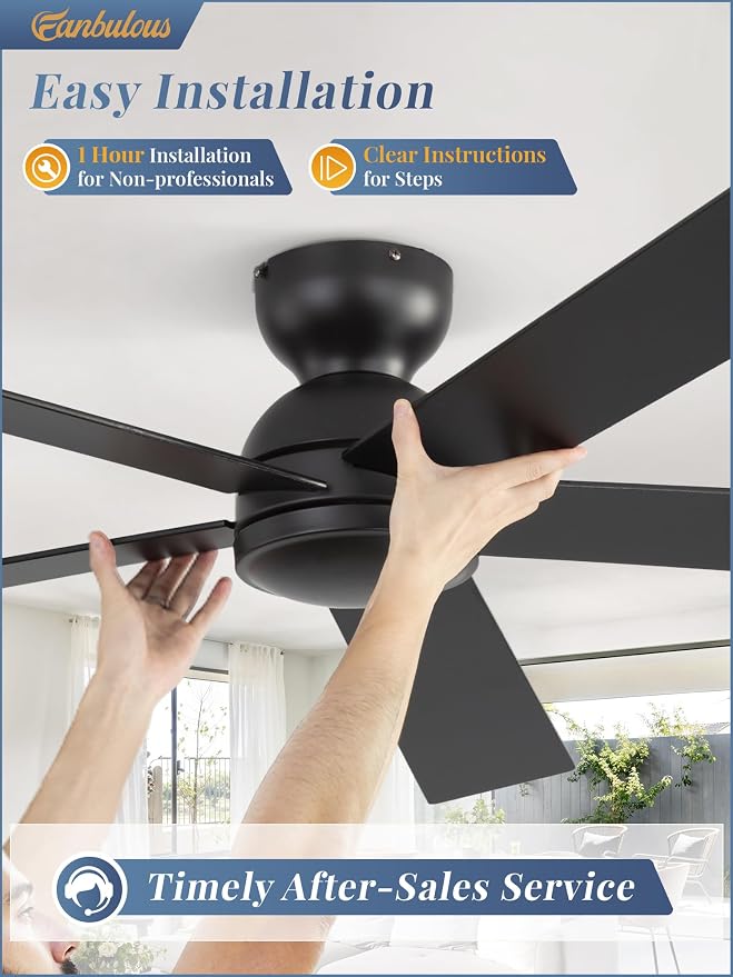 60 Inch Flush Mount Ceiling Fan no Lights, Black Ceiling Fan, 6-Speeds, Quiet Reversible DC Motor, Indoor/Outdoor Large