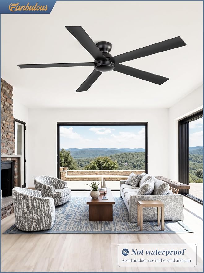 60 Inch Flush Mount Ceiling Fan no Lights, Black Ceiling Fan, 6-Speeds, Quiet Reversible DC Motor, Indoor/Outdoor Large