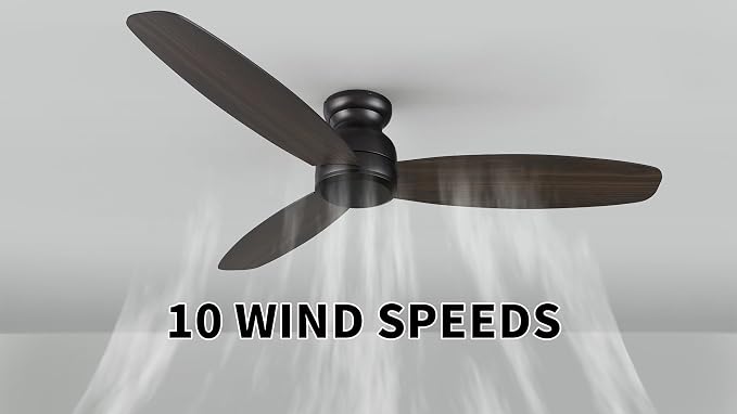 60 Inch Flush Mount Ceiling Fan without Lights, Black Ceiling Fan with Remote Low Profile, 10-Speed Reversible DC Motor, 3