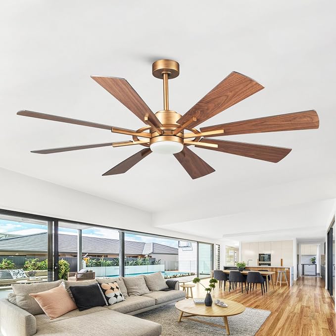 60 inch Gold Ceiling Fan, Indoor & Outdoor Large Ceiling Fans with Lights and Remote, 8 Blades, Quiet DC Motor, High Ceiling