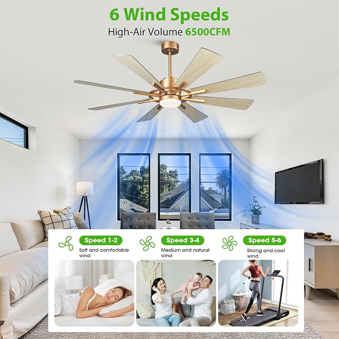 60 inch Gold Ceiling Fan, Indoor & Outdoor Large Ceiling Fans with Lights and Remote, 8 Blades, Quiet DC Motor, High Ceiling