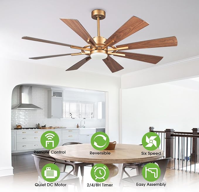 60 inch Gold Ceiling Fan, Indoor & Outdoor Large Ceiling Fans with Lights and Remote, 8 Blades, Quiet DC Motor, High Ceiling
