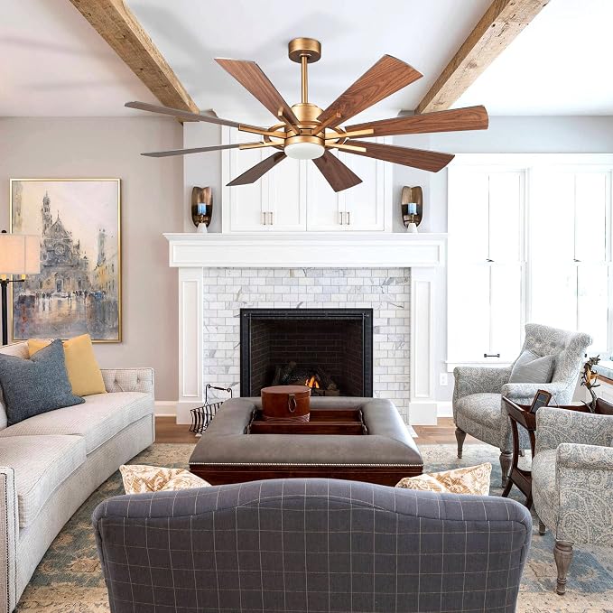 60 inch Gold Ceiling Fan, Indoor & Outdoor Large Ceiling Fans with Lights and Remote, 8 Blades, Quiet DC Motor, High Ceiling