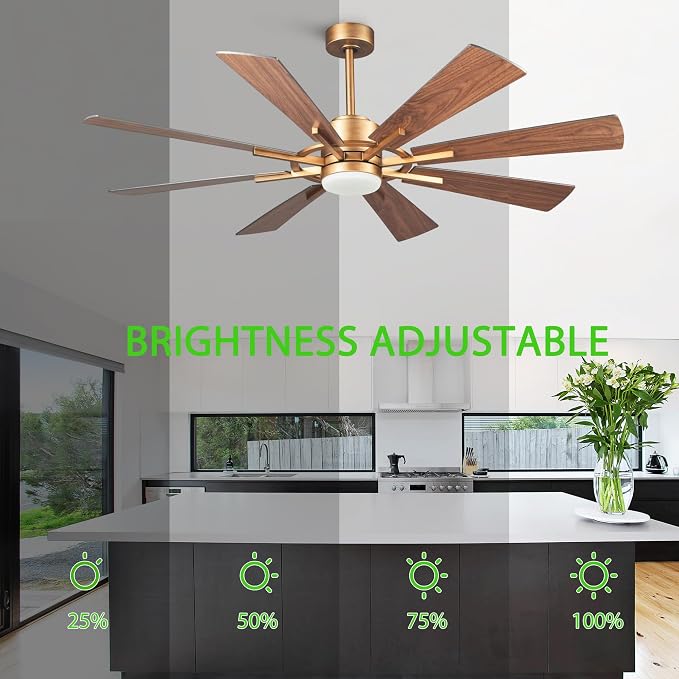 60 inch Gold Ceiling Fan, Indoor & Outdoor Large Ceiling Fans with Lights and Remote, 8 Blades, Quiet DC Motor, High Ceiling