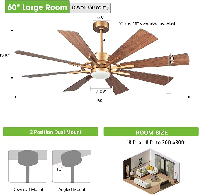 60 inch Gold Ceiling Fan, Indoor & Outdoor Large Ceiling Fans with Lights and Remote, 8 Blades, Quiet DC Motor, High Ceiling