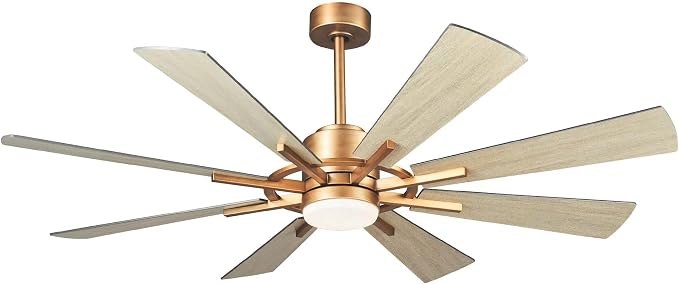 60 inch Gold Ceiling Fan, Indoor & Outdoor Large Ceiling Fans with Lights and Remote, 8 Blades, Quiet DC Motor, High Ceiling