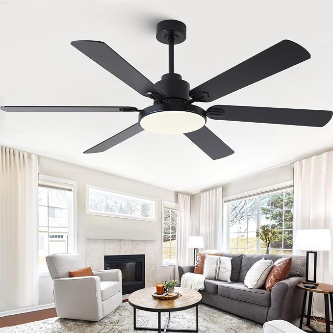 60 Inch Large Ceiling Fans with Lights and Remote, Indoor Outdoor Black Modern Ceiling Fan, 3CCT, Reversible DC Motor