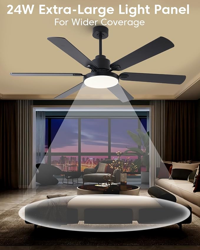 60 Inch Large Ceiling Fans with Lights and Remote, Indoor Outdoor Black Modern Ceiling Fan, 3CCT, Reversible DC Motor