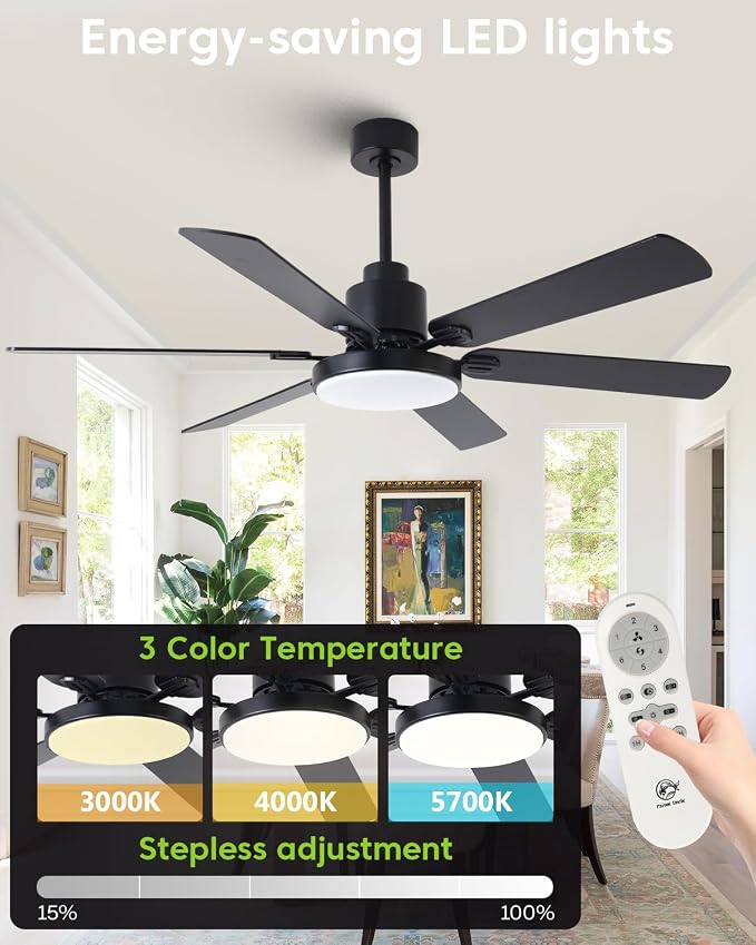 60 Inch Large Ceiling Fans with Lights and Remote, Indoor Outdoor Black Modern Ceiling Fan, 3CCT, Reversible DC Motor