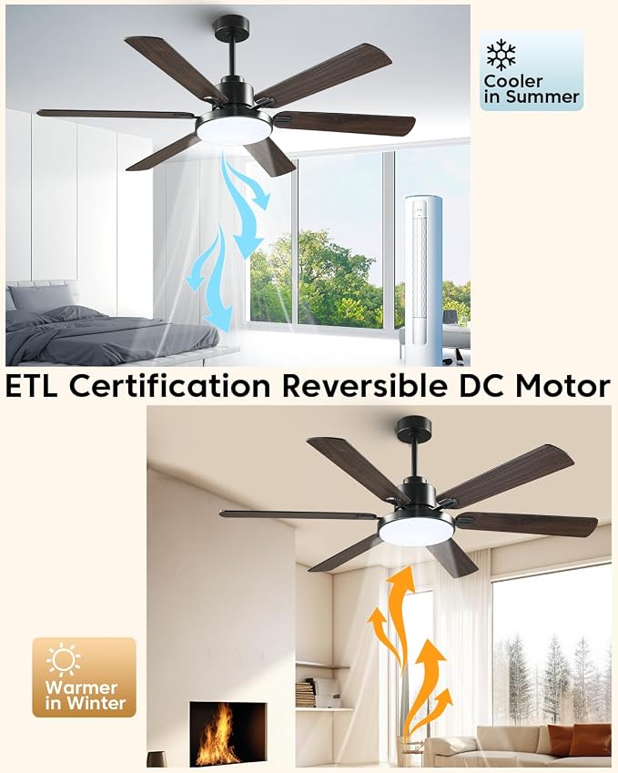60 Inch Large Ceiling Fans with Lights and Remote, Indoor Outdoor Black Modern Ceiling Fan, 3CCT, Reversible DC Motor