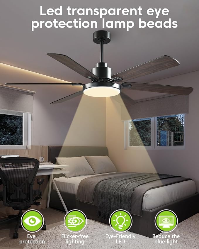 60 Inch Large Ceiling Fans with Lights and Remote, Indoor Outdoor Black Modern Ceiling Fan, 3CCT, Reversible DC Motor