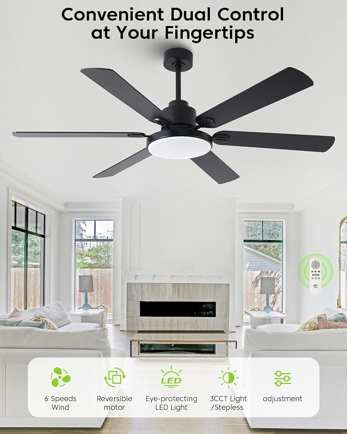60 Inch Large Ceiling Fans with Lights and Remote, Indoor Outdoor Black Modern Ceiling Fan, 3CCT, Reversible DC Motor