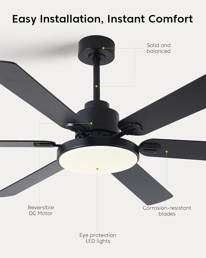 60 Inch Large Ceiling Fans with Lights and Remote, Indoor Outdoor Black Modern Ceiling Fan, 3CCT, Reversible DC Motor