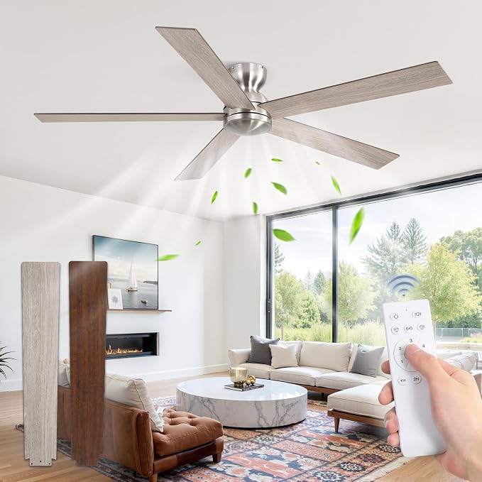 60 Inch low profile ceiling fan, Brushed Nickel Large Ceiling Fan no Lights, 6-Speeds, Quiet Reversible DC Motor