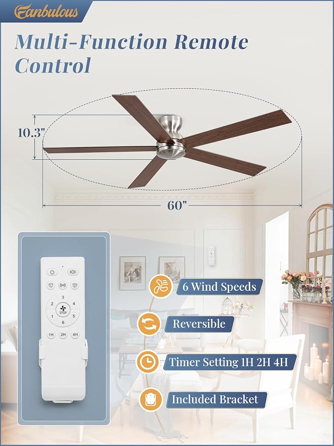 60 Inch low profile ceiling fan, Brushed Nickel Large Ceiling Fan no Lights, 6-Speeds, Quiet Reversible DC Motor