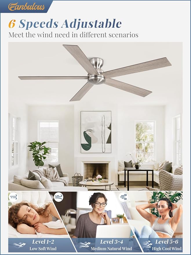 60 Inch low profile ceiling fan, Brushed Nickel Large Ceiling Fan no Lights, 6-Speeds, Quiet Reversible DC Motor