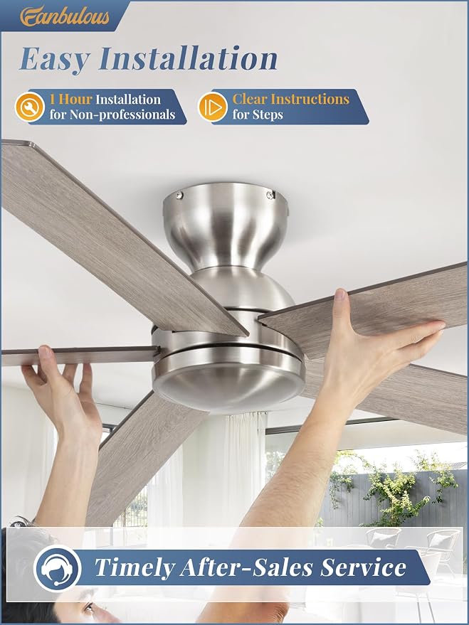 60 Inch low profile ceiling fan, Brushed Nickel Large Ceiling Fan no Lights, 6-Speeds, Quiet Reversible DC Motor