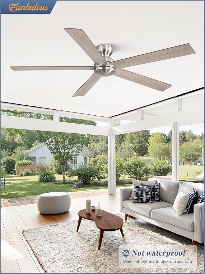 60 Inch low profile ceiling fan, Brushed Nickel Large Ceiling Fan no Lights, 6-Speeds, Quiet Reversible DC Motor