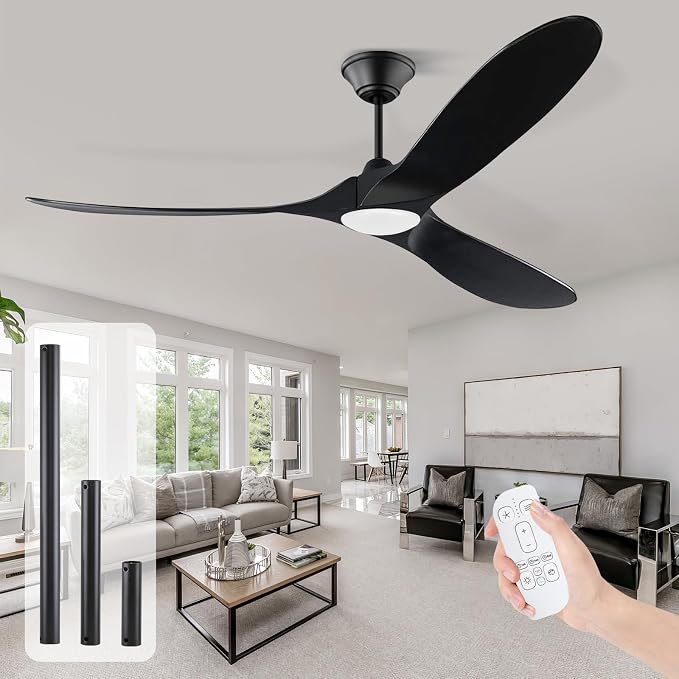 60 inch Outdoor Ceiling Fan for Patios with Light, Black Ceiling Fan with Light, Large Airflow 3 Reversible Solid Wood