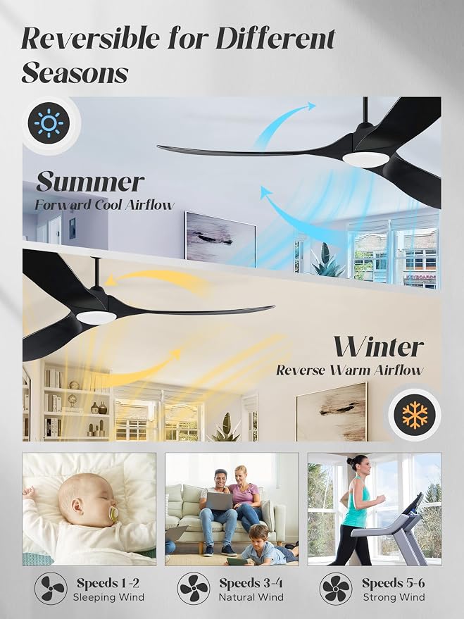 60 inch Outdoor Ceiling Fan for Patios with Light, Black Ceiling Fan with Light, Large Airflow 3 Reversible Solid Wood