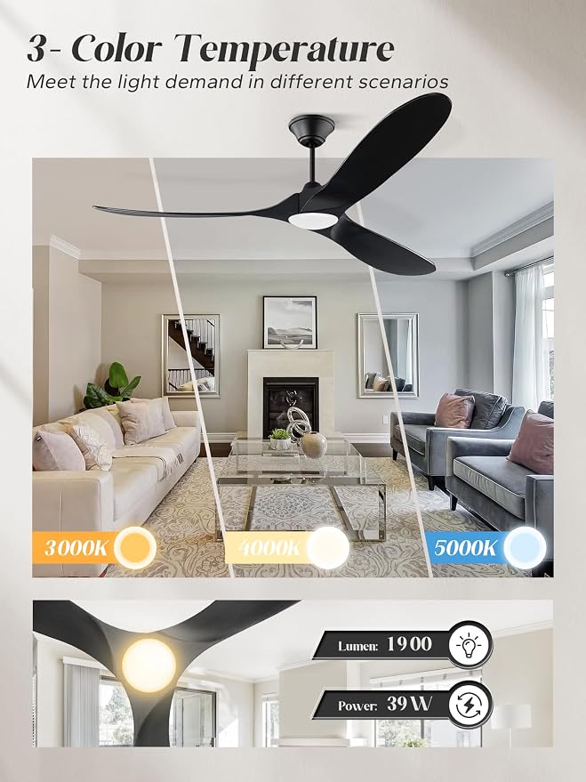 60 inch Outdoor Ceiling Fan for Patios with Light, Black Ceiling Fan with Light, Large Airflow 3 Reversible Solid Wood