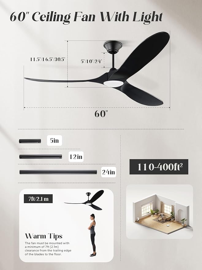 60 inch Outdoor Ceiling Fan for Patios with Light, Black Ceiling Fan with Light, Large Airflow 3 Reversible Solid Wood